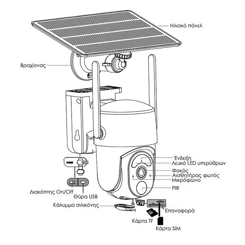 POWERTECH smart ηλιακή κάμερα PT-1176, 4MP, 4G, SD, PTZ, IP65